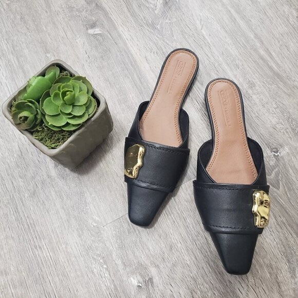 Asos Leather Slides Square Toe Gold Nugget Sz 37 - Picture 1 of 6
